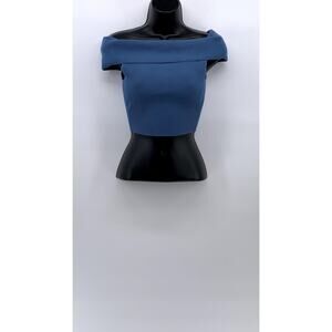 BABATON Women's Dusty Blue Rib Knit Off-The-Shoulder Cropped Sculpt Top SZ S